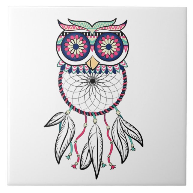 Owl dream catcher ceramic tile (Front)