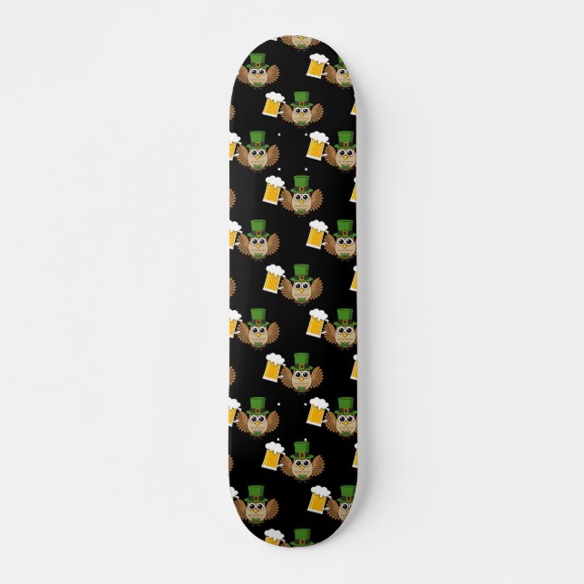 Owl Drinking Beer St Patrick's Day Pattern Skateboard (Front)