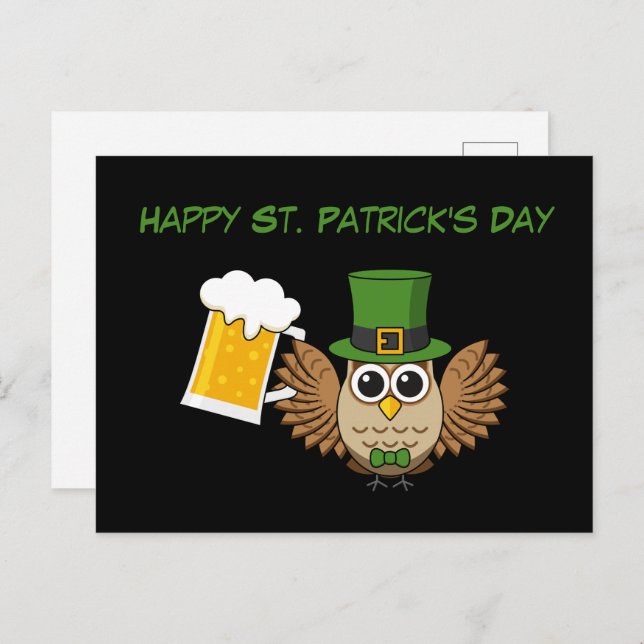 Owl Drinking Beer St Patrick's Day | Personalise Holiday Postcard (Front/Back)