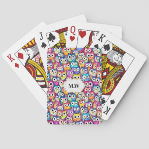 Owl faces cartoon birds pattern monogram games playing cards