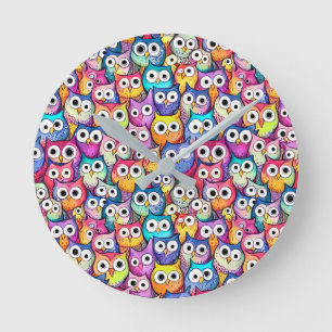 Owl faces cartoon doodle whimiscal birds pattern round clock