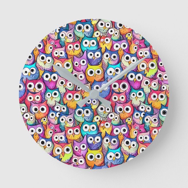 Owl faces cartoon doodle whimiscal birds pattern round clock (Front)