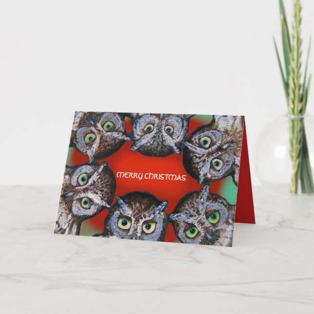 OWL FACES CHRISTMAS by Slipperywindow Holiday Card (Front)