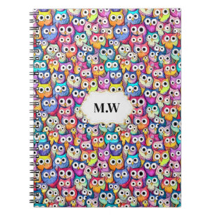 Owl faces colorful woodland birds pattern monogram notebook