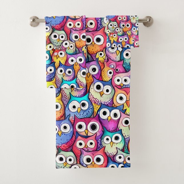 Owl faces cute whimsical woodland birds pattern bath towel set (Insitu)