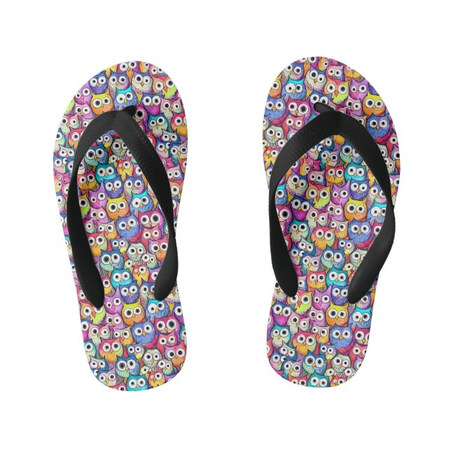 Owl faces whimsical birds pattern monogram cool kid's thongs (Footbed)