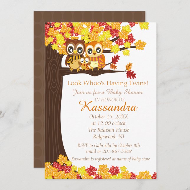 Owl Family In Tree Twins Baby Shower Invitation (Front/Back)