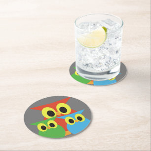 Owl Family: Red, Green and Blue Round Paper Coaster
