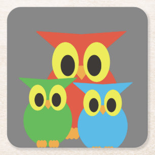 Owl Family: Red, Green and Blue Square Paper Coaster