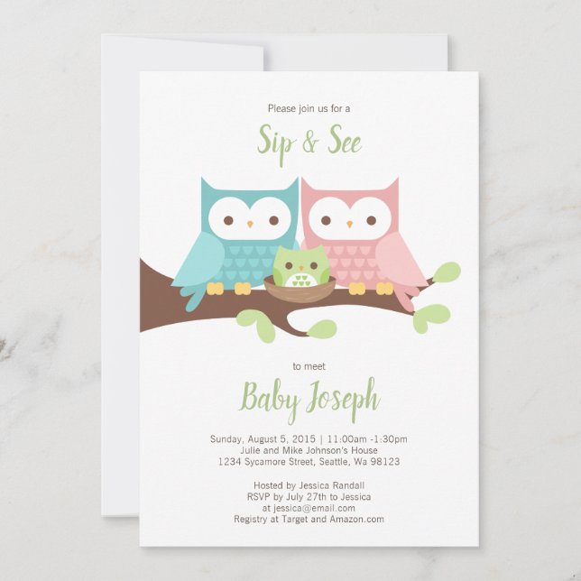 Owl Family Sip and See Invitation (Front)