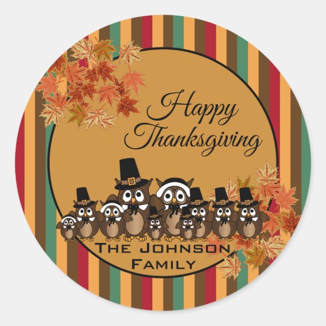 Owl Family Thanksgiving Classic Round Sticker (Front)