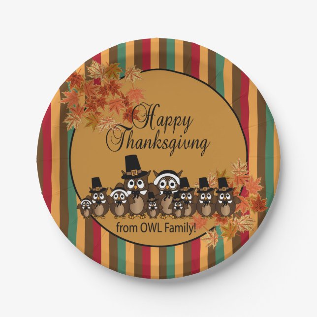 Owl Family Thanksgiving Turkey Dinner Paper Plate (Front)