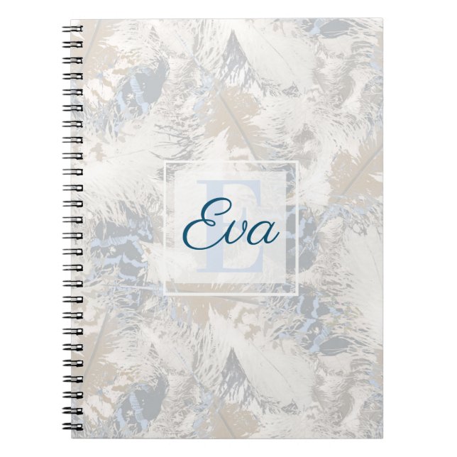 owl feathers are grey beige blue bird boho notebook (Front)