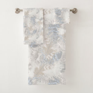 owl Feathers, gray, beige and blue, bird, light, Bath Towel Set