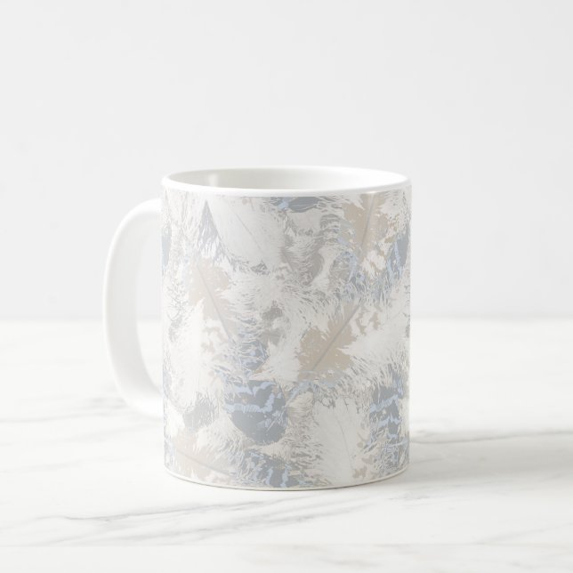 owl Feathers, gray, beige and blue, bird, light,  Coffee Mug (Front Left)