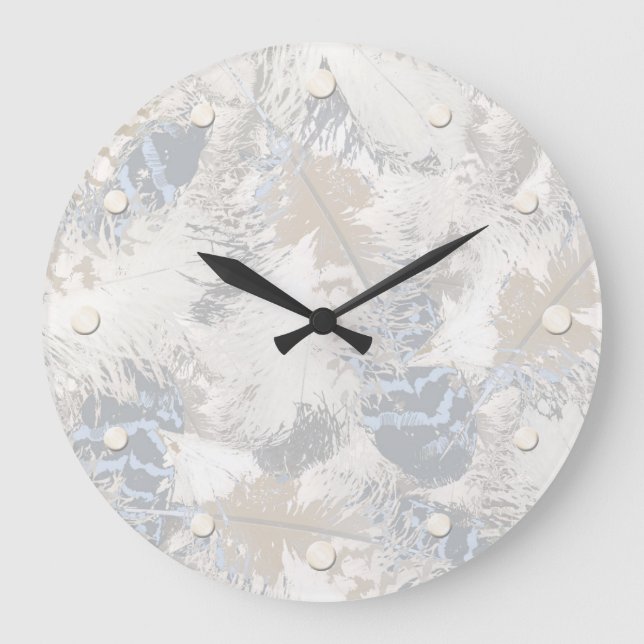 owl Feathers, gray, beige and blue, bird, light, Large Clock (Front)