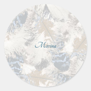 owl Feathers, grey, beige and blue, bird, light, Classic Round Sticker