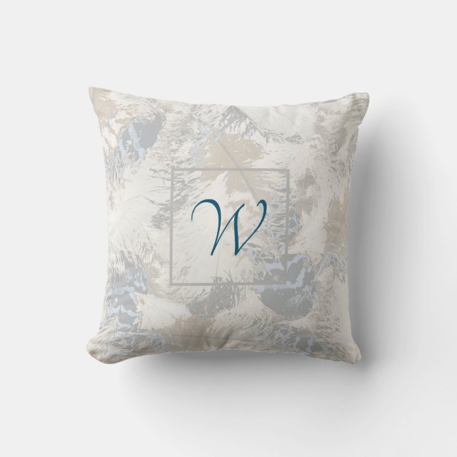 owl Feathers, grey, beige and blue, monogram Cushion (Front)