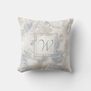owl Feathers, grey, beige and blue, monogram Throw Cushion