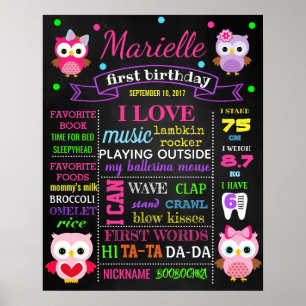 Owl First 1st Birthday chalkboard sign chalk board