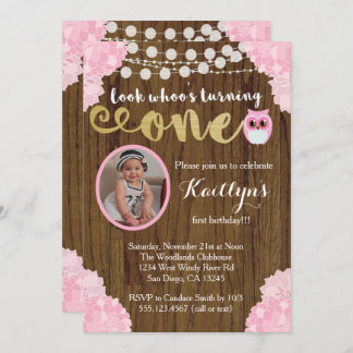 Owl First Birthday Girl Photo Invitation