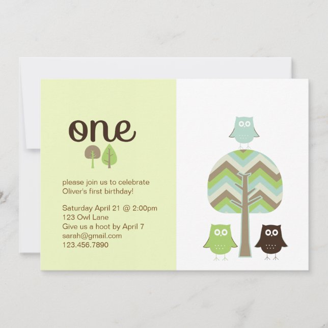 Owl First Birthday Invitation (Front)