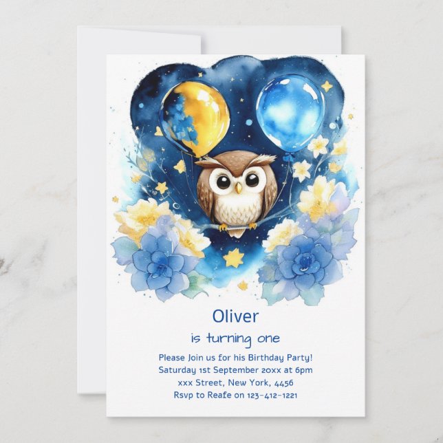 Owl First Birthday Invitation (Front)