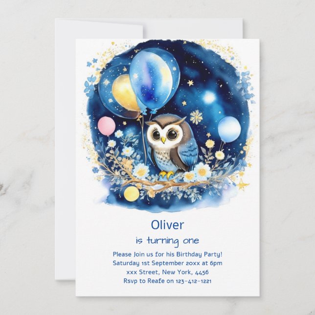 Owl First Birthday Invitation (Front)