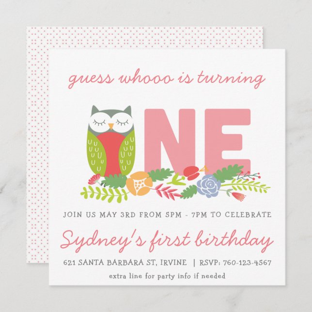 Owl first birthday invitation (Front/Back)