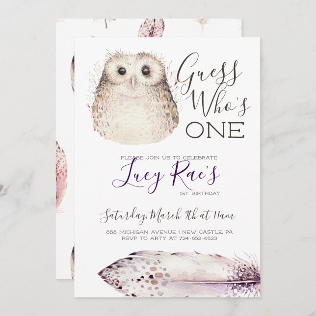 Owl First Birthday Party Invitation (Front/Back)