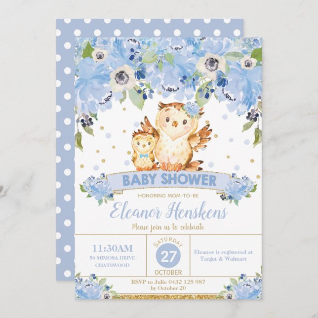 Owl Floral Baby Shower Blue Flowers Baby Boy Invitation (Front/Back)