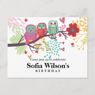 owl, flower birthday Postcard invitation