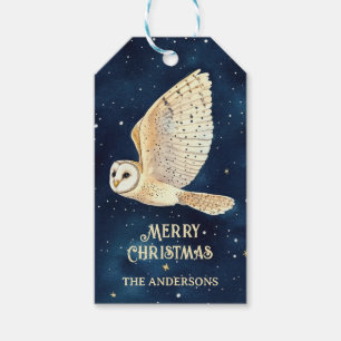 Owl Flying Across Starry Night Sky Watercolor Xmas Gift Tags