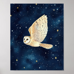 Owl Flying Across Starry Night Watercolor Xmas Poster