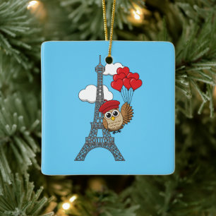Owl Flying with Heart Balloons in Paris Ceramic Ornament