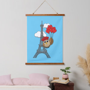 Owl Flying with Heart Balloons in Paris Hanging Tapestry