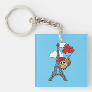 Owl Flying with Heart Balloons in Paris Key Ring