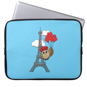 Owl Flying with Heart Balloons in Paris Laptop Sleeve