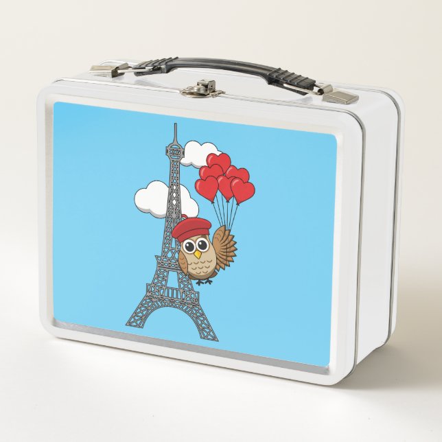 Owl Flying with Heart Balloons in Paris Metal Lunch Box (Front)