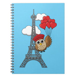 Owl Flying with Heart Balloons in Paris Notebook