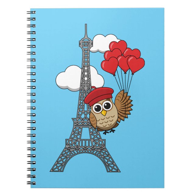Owl Flying with Heart Balloons in Paris Notebook (Front)