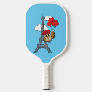 Owl Flying with Heart Balloons in Paris Pickleball Paddle