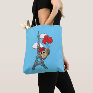 Owl Flying with Heart Balloons in Paris Tote Bag