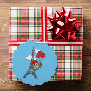 Owl Flying with Heart Balloons in Paris Tree Decoration Card