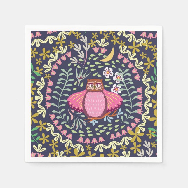 Owl Folk Navy Napkin (Front)