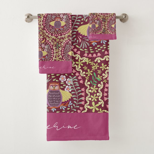 Owl Folk Wine Red Bath Towel Set (Insitu)