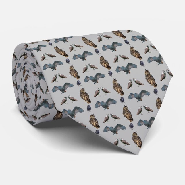 Owl Frenzy Tie (Gray) (Rolled)