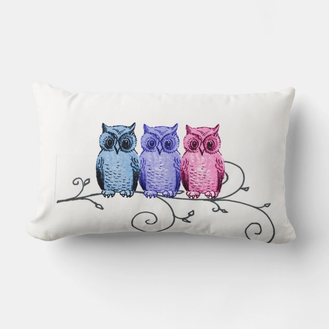 Owl Friends on Vine Blue Purple Pink Pillow (Front)