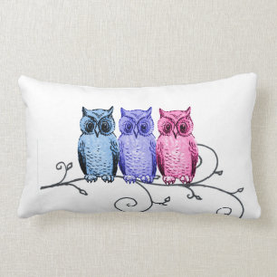 Owl Friends on Vine Blue Purple Pink Pillow