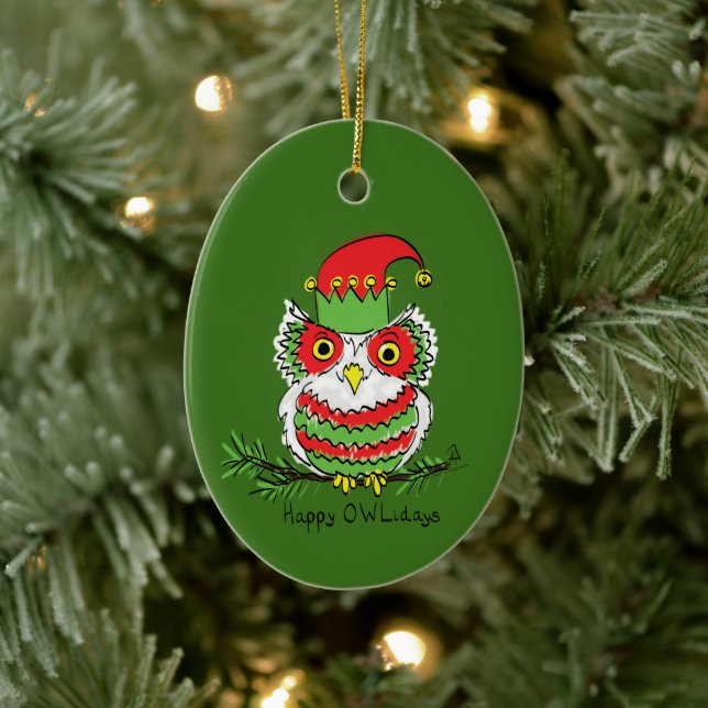 Owl Funny Christmas Cute Holiday Ceramic Ornament (Tree)